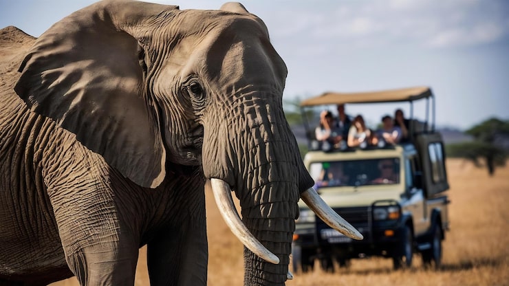 Chobe river in Botswana lines up whole elephant clans chest-deep in current.