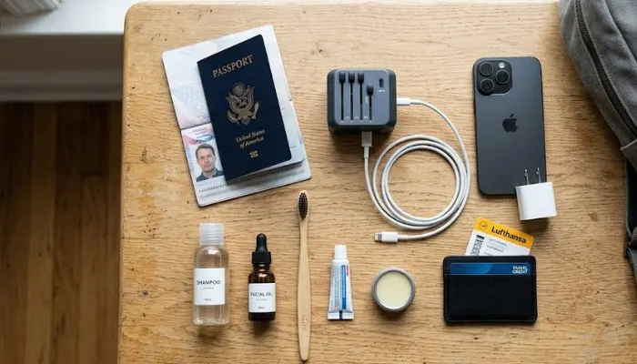 A flat lay of international travel essentials including a passport, a universal power adapter, small toiletries, and a phone charger.