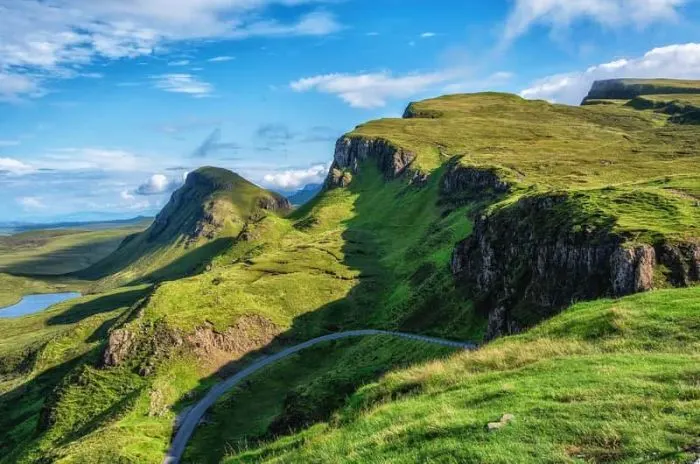 Surreal, jagged rock formations and grassy slopes of The Quiraing on the Isle of Skye, Scotland.