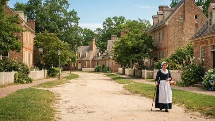 Historic brick buildings and a costumed interpreter walking down a quiet street in Colonial Williamsburg, Virginia.