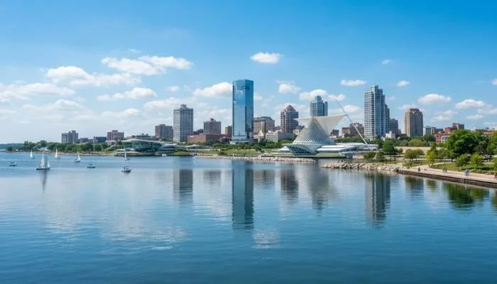 Milwaukee skyline reflecting across the waters of Lake Michigan on a bright summer day.