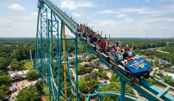 The towering Fury 325 roller coaster rushing past the tracks at Carowinds in North Carolina.