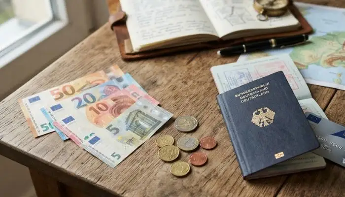 Euro banknotes and coins next to a passport and a credit card on a wooden travel planning table.