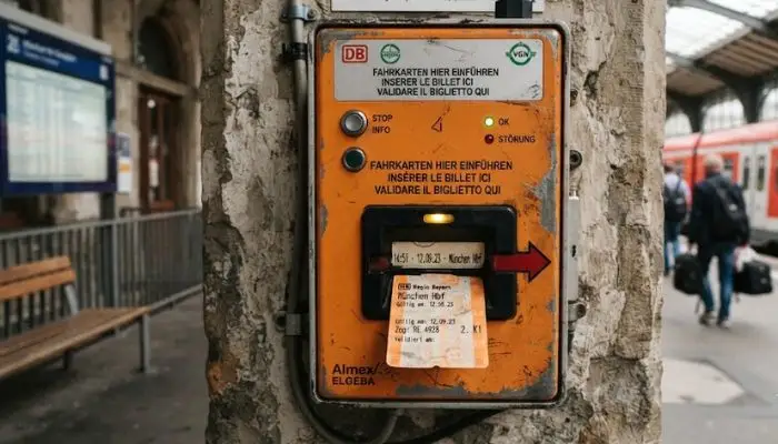 A close-up of a European regional train station ticket validation stamping machine.