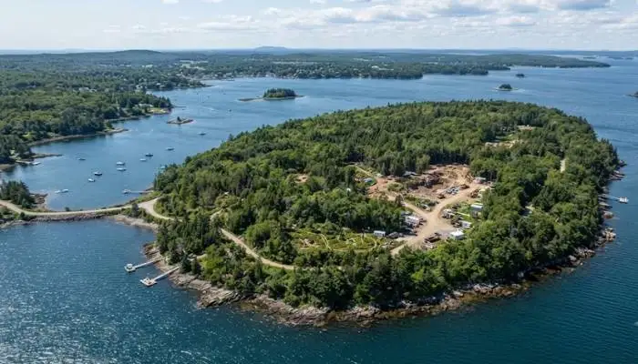 Aerial view of Oak Island in Nova Scotia, Canada, known for its centuries-old treasure hunt history.