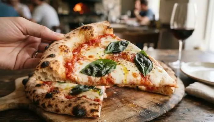 Classic Italian Margherita pizza slice with San Marzano tomatoes, fresh mozzarella, and basil