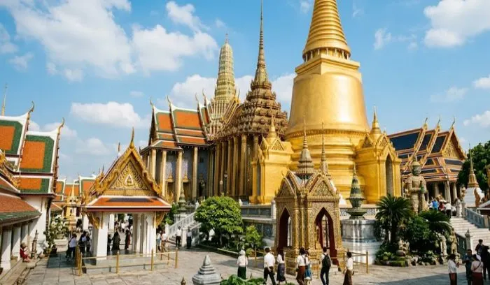 Golden chedis and ornate architecture of Wat Phra Kaew temple grounds in Bangkok, Thailand